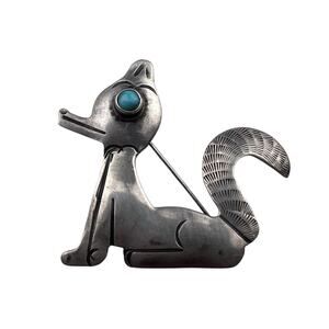 Vintage Sterling Silver Coyote Turquoise Eye Brooch Southwest Style